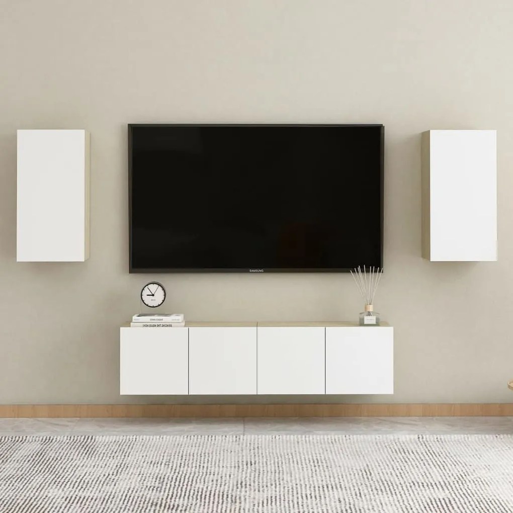 Έπιπλο Τηλεόρασης Λευκό &amp; Sonoma Δρυς 30,5x30x60εκ. Μοριοσανίδα - Λευκό