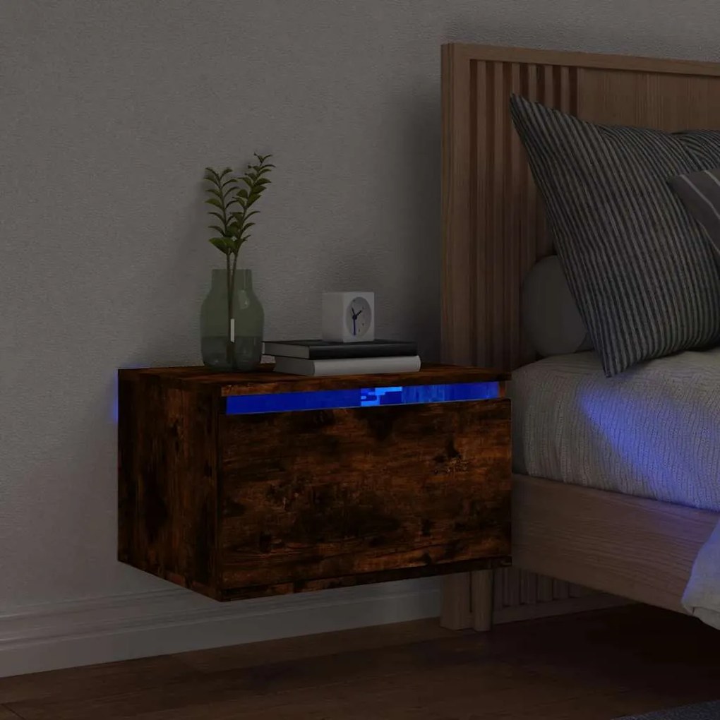 vidaXL Κομοδίνο Επιτοίχιο με Φώτα LED Καπνιστή Δρυς