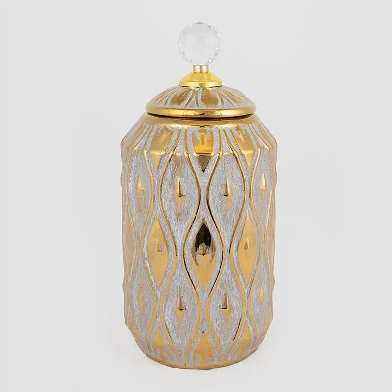 Βάζο Διακοσμητικό Με Καπάκι 752-20024 14,6x14,6x25,8cm Grey-Gold Estheti Home Κεραμικό