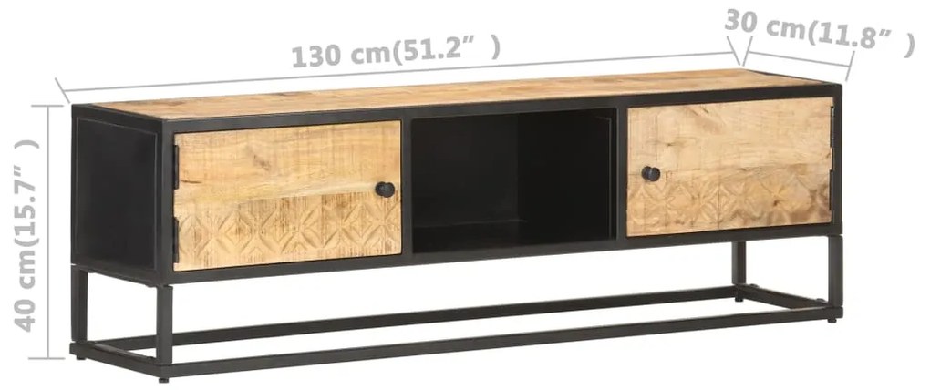 Έπιπλο TV με Σκαλιστή Πόρτα 130x30x40 εκ. Ακατέργ. Ξύλο Μάνγκο 320943