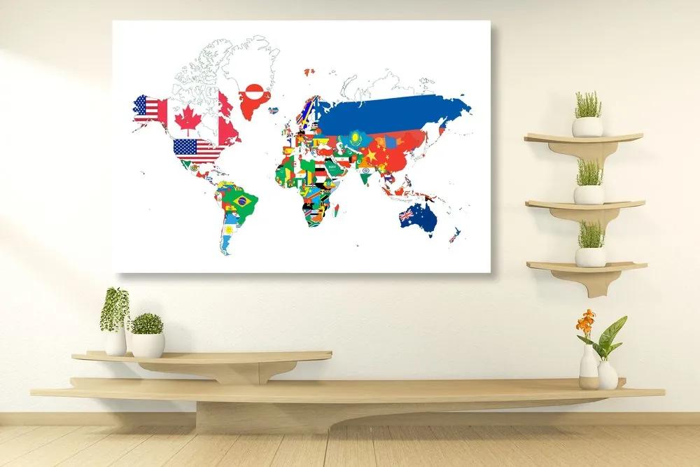 Εικόνα στον παγκόσμιο χάρτη φελλού με σημαίες με λευκό φόντο - 120x80  wooden
