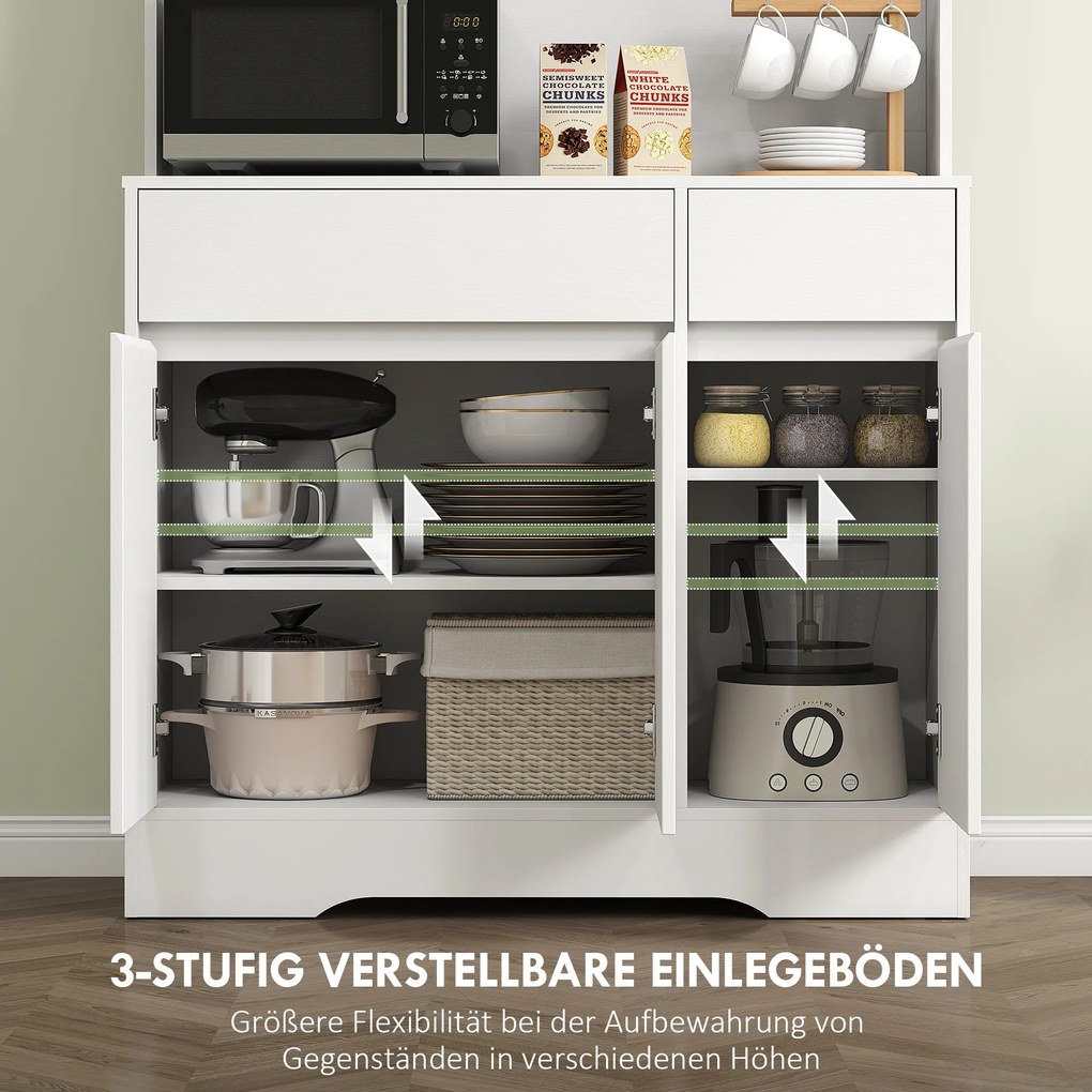 HOMCOM Ντουλάπι Κουζίνας με Ανοιχτό Χώρο Εργασίας, 6 Ντουλάπια, 2 Συρτάρια, Ρυθμιζόμενα Ράφια, Οπές Καλωδίων, Πλάκα Μορίων, Λευκό