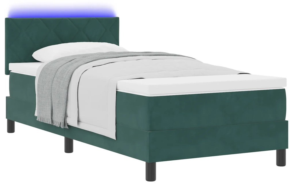 vidaXL Κρεβάτι Box Spring με στρώμα & LED Σκούρο Πράσινο 90x190 εκ Βελούδο