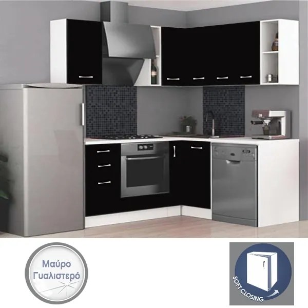 Γωνιακή Κουζίνα Alice 8, Μαύρο γυαλιστερό + Λευκό, 175x165x60x90cm -GRA065