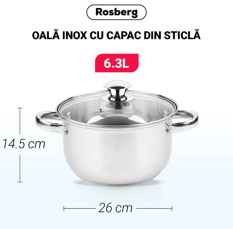 Κατσαρόλα Rosberg R51210O26, 6.3L, 26 cm, Γυάλινο καπάκι με τρύπα εκτόνωσης ατμού, Inox