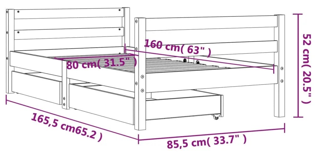 Πλαίσιο Παιδικού Κρεβατιού Συρτάρια Μαύρο 80x160εκ. Ξύλο Πεύκου - Μαύρο