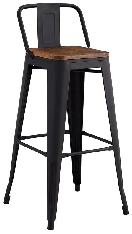 RELIX Wood Σκαμπό Bar με Πλάτη,Μέταλλο Βαφή Μαύρο Extra Matte, Απόχρωση Ξύλου Dark Oak  44x44x76/97cm Ε5208,1ΜW
