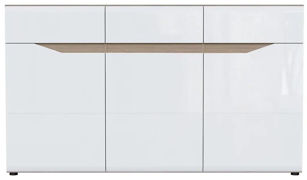 Σιφονιέρα Orlando E102, Sonoma οξιά, Γυαλιστερό λευκό, Με συρτάρια και ντουλάπια, Αριθμός συρταριών: 3, 85x150x41cm | Epipla1.gr