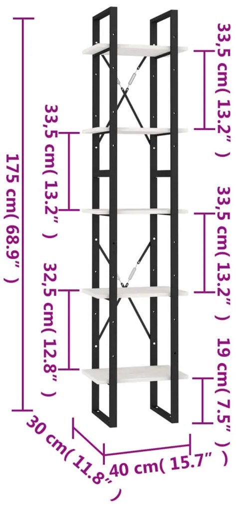 vidaXL Βιβλιοθήκη με 5 Ράφια Λευκή 40 x 30 x 175 εκ. από Ξύλο Πεύκου