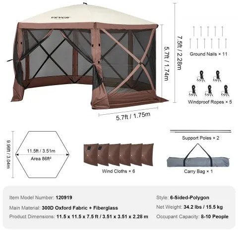 VEVOR Pop Up Gazebo Tent Pop-Up Screen Tent 6 Sided Canopy Sun Shelter Brown