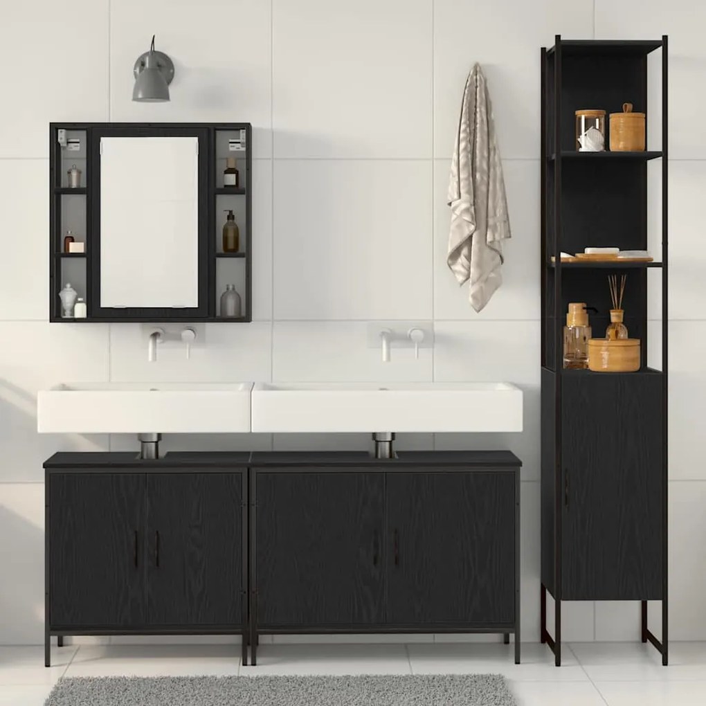 vidaXL Σετ Επίπλων Μπάνιου με ράφι 4 pcs Μαύρο 33 x 33 x 185.5 εκ