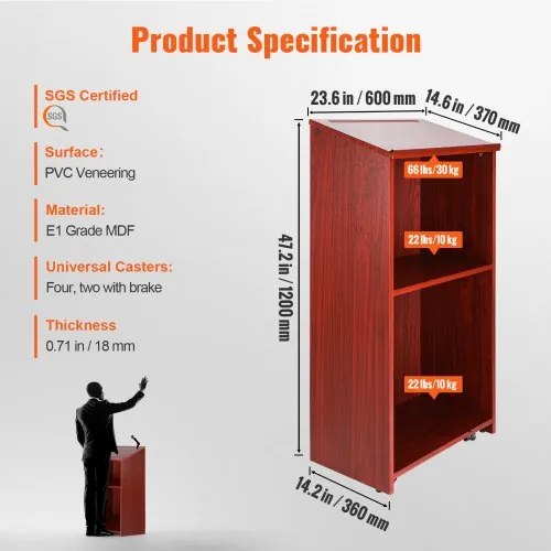 VEVOR Podium Stand, 47 in Hostess Stand with 4 Rolling Wheels, Wood Podium with Storage Shelves, and Slant Desktop, Lecterns &amp; Podiums for Church, Office, School, Home, Brown