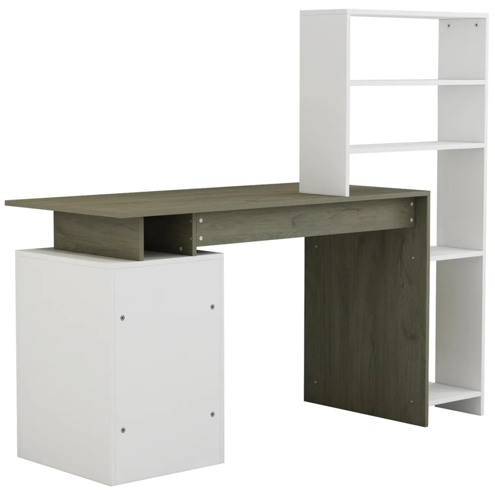 Γραφείο Με Βιβλιοθήκη Rochell Μελαμίνη Olive Grey Λευκό 146,3x55x128,8Υεκ