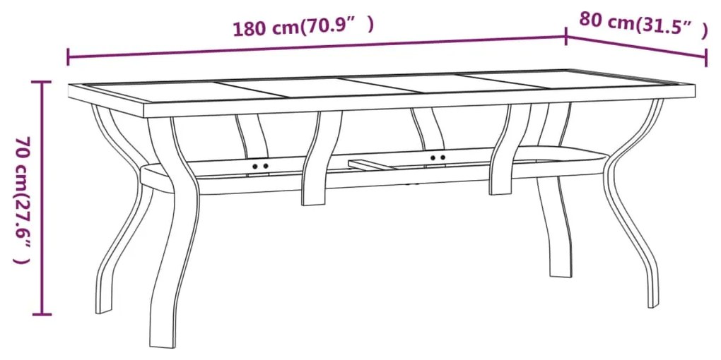 vidaXL Τραπέζι Κήπου Μαύρο 180 x 80 x 70 εκ. από Ατσάλι και Γυαλί