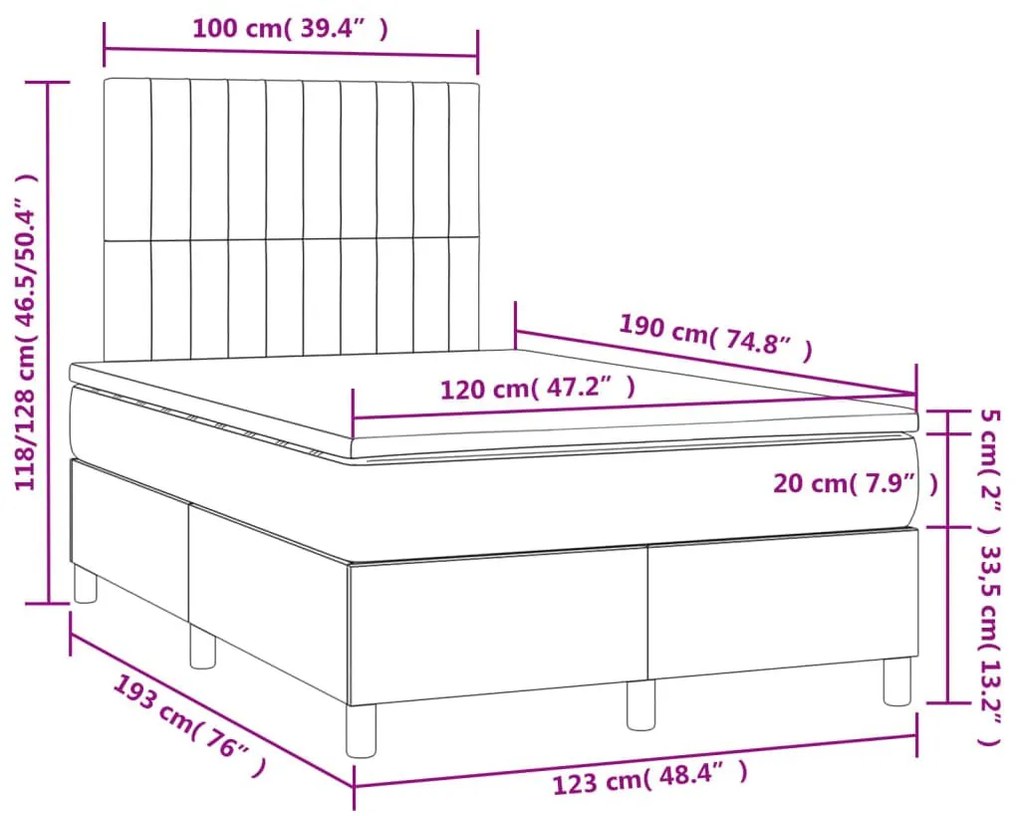 Κρεβάτι Boxspring με Στρώμα &amp; LED Σκ.Γκρι 120x190εκ. Βελούδινο - Γκρι