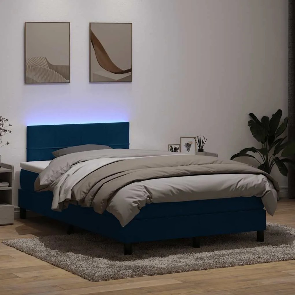 vidaXL Κρεβάτι Boxspring με Στρώμα & LED σκούρο μπλε 120x220 cm Βελούδινο