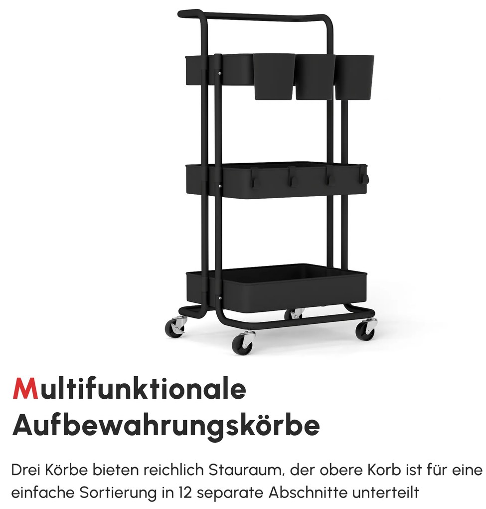 HOMCOM Τροχήλατο Καρότσι με 3 Ράφια, Καλάθια Αποθήκευσης, Γάντζους, Βοηθητικό Καρότσι για Κουζίνα ή Σαλόνι, Ατσάλι, Πλαστικό, Μαύρο