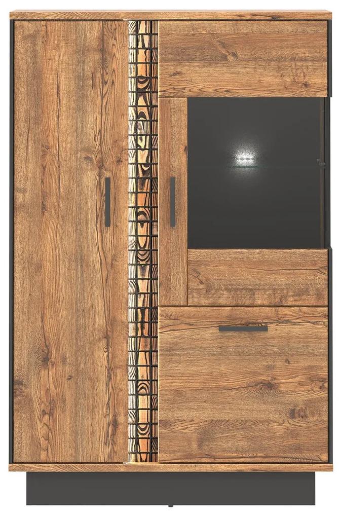 Βιτρίνα Orlando T104, 95x145x40cm, April δρυς, Μαύρο, Πλαστικοποιημένη μοριοσανίδα, Επεξεργασμένο γυαλί, Ινοσανίδες μέσης πυκνότητας, Με πόρτες, Καφέ