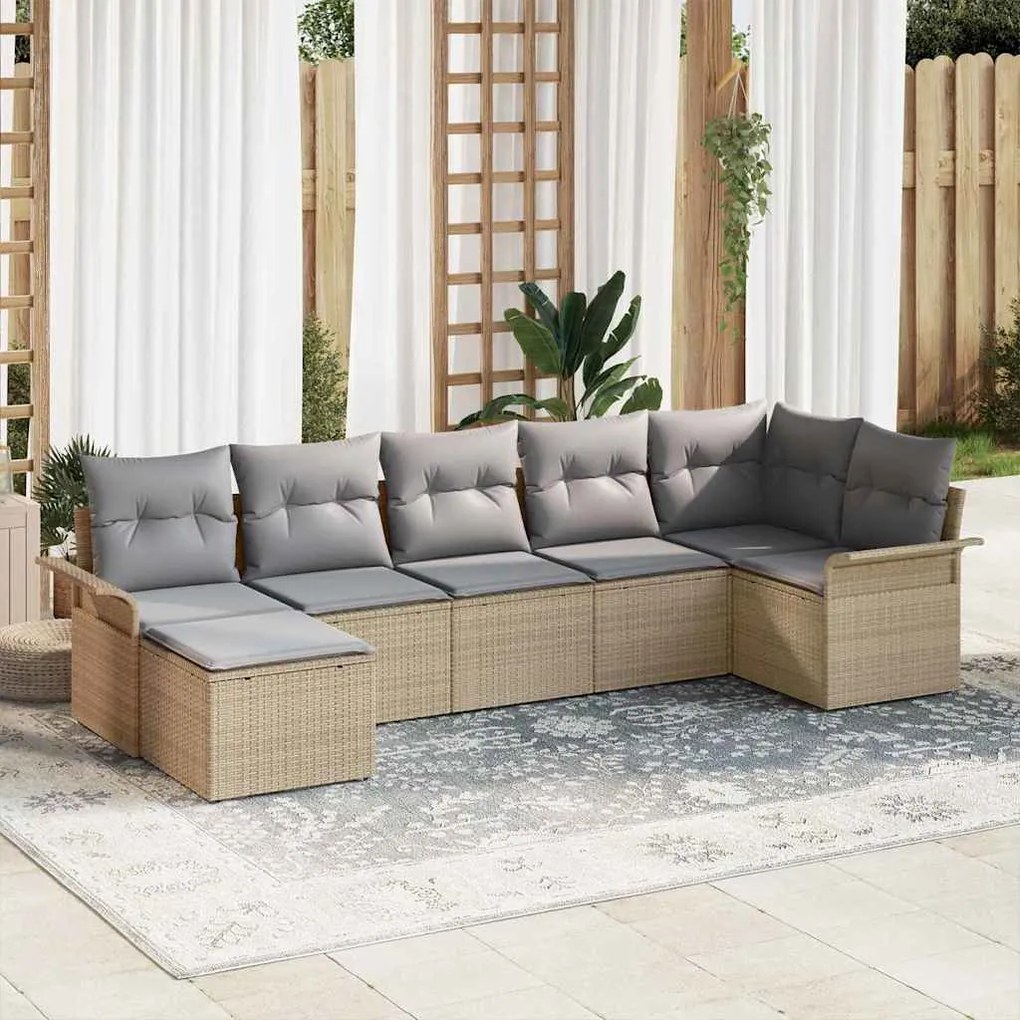 vidaXL Σετ Καναπέ Κήπου με μαξιλάρι 7 pcs Μπεζ Πολυ ράταν
