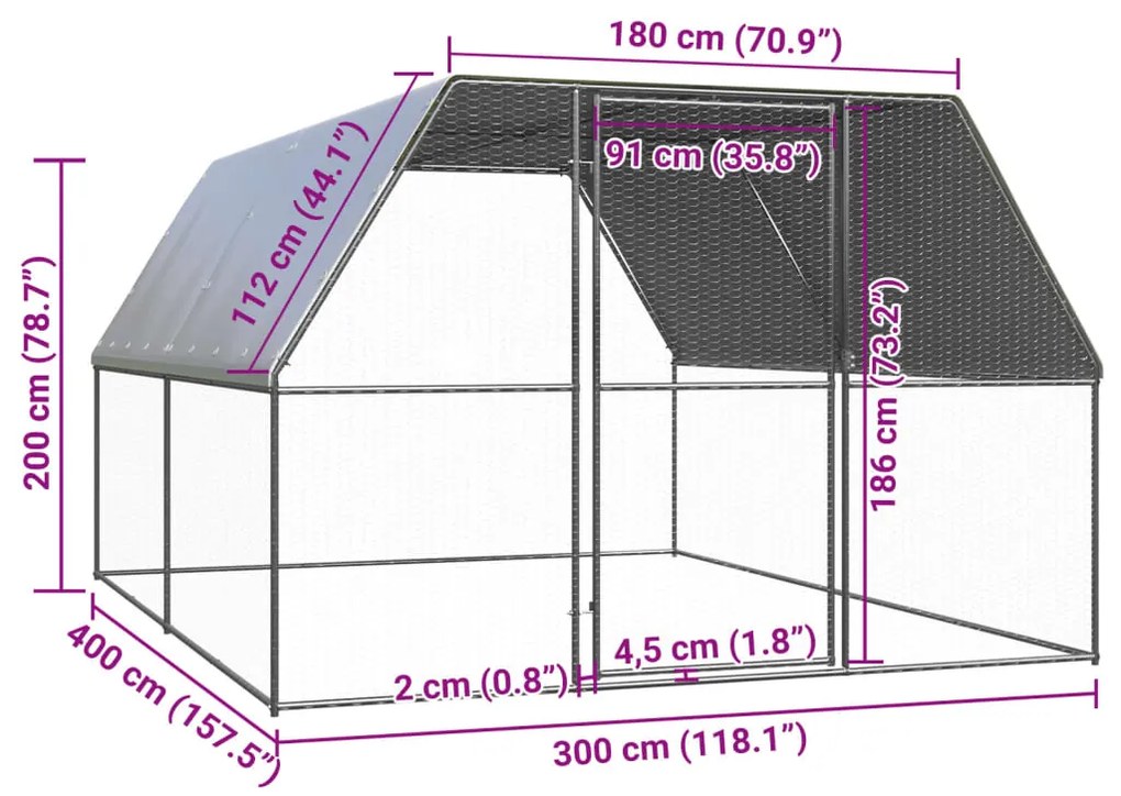 vidaXL Κοτέτσι - Κλουβί Εξωτ. Χώρου 3x4x2 μ. από Γαλβανισμένο Χάλυβα