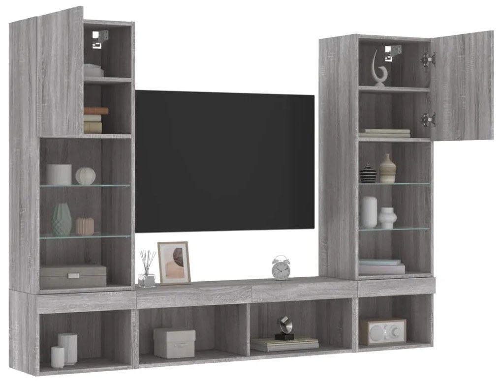 vidaXL Έπιπλα Τοίχου Τηλεόρασης 5 τεμ. LED Γκρι Sonoma από Επεξ. Ξύλο