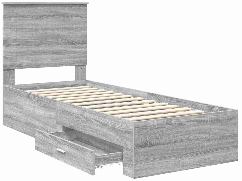 vidaXL Σκελετός Κρεβατιού με συρτάρι Γκρι Σονομά και Ασημί 75 x 190 cm