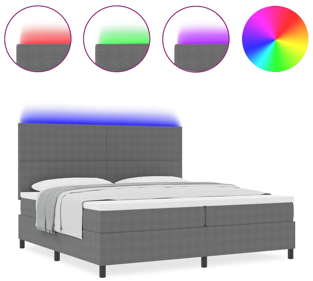 vidaXL Κρεβάτι Box Spring με Στρώμα & LED Φως Γκρι 200x200 εκ. Ύφασμα Σατέν