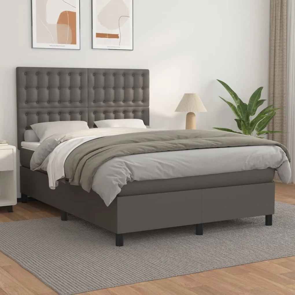 Κρεβάτι Boxspring με Στρώμα Γκρι 140x190εκ. από Συνθετικό Δέρμα