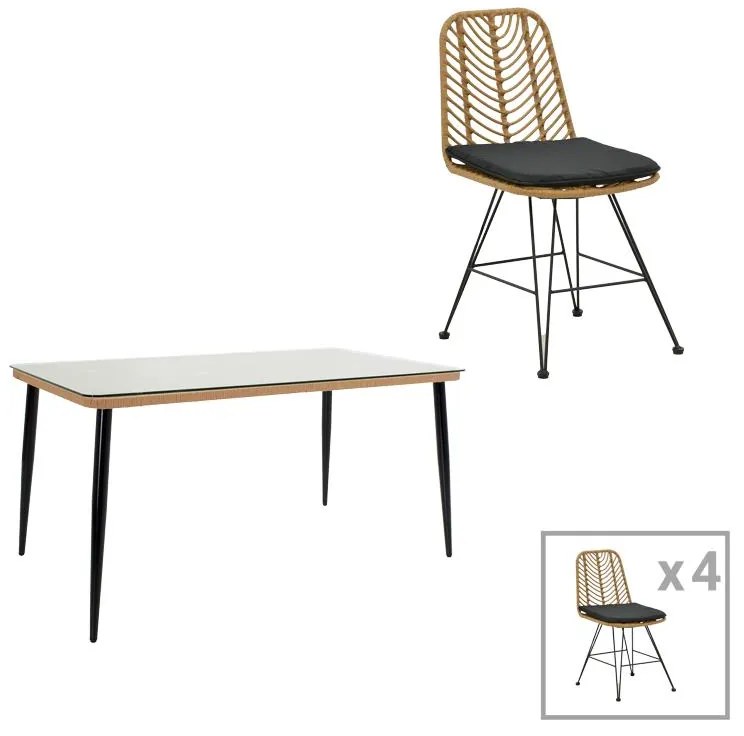 Τραπεζαρία Naoki E σετ 5 τμχ rattan φυσικό-μαύρο μέταλλο-γυαλί 160x90x78εκ 160x90x78 εκ.