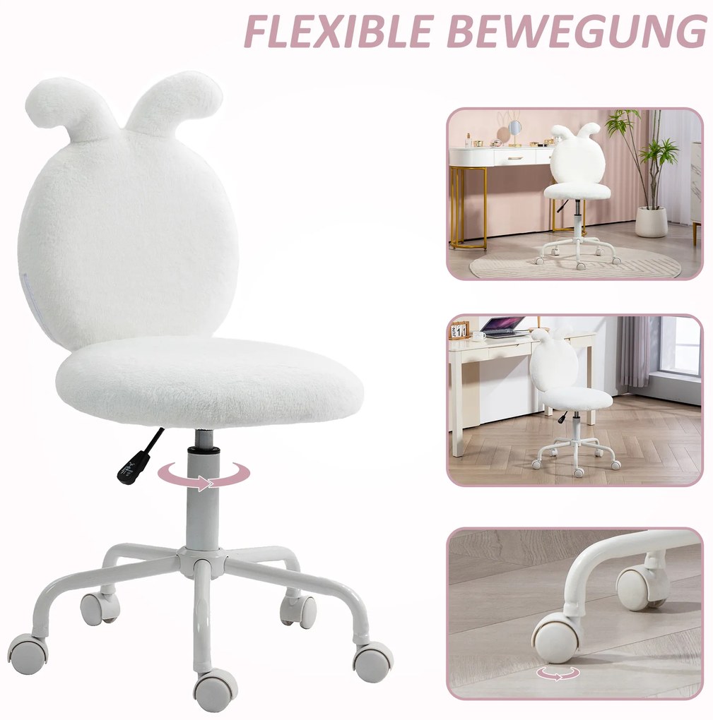 HOMCOM Πολυθρόνα γραφείου με αυτιά κουνελιού, περιστρεφόμενη καρέκλα γραφείου, περιστρεφόμενη, ψεύτικη γούνα, λευκό