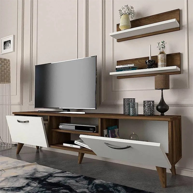 Έπιπλο τηλεόρασης Colin Megapap χρώμα λευκό - καρυδί 150x30x40,6εκ.