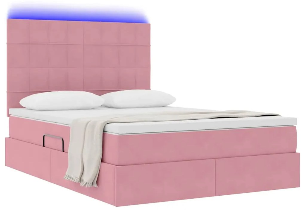 vidaXL Κρεβάτι με αποθηκευτικό χώρο και LED Ροζ 140 x 200 cm Βελούδο