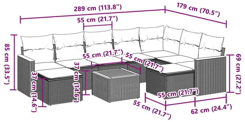 vidaXL Σαλόνι Κήπου Σετ 10 Τεμαχίων Μαύρο Συνθετικό Ρατάν με Μαξιλάρια
