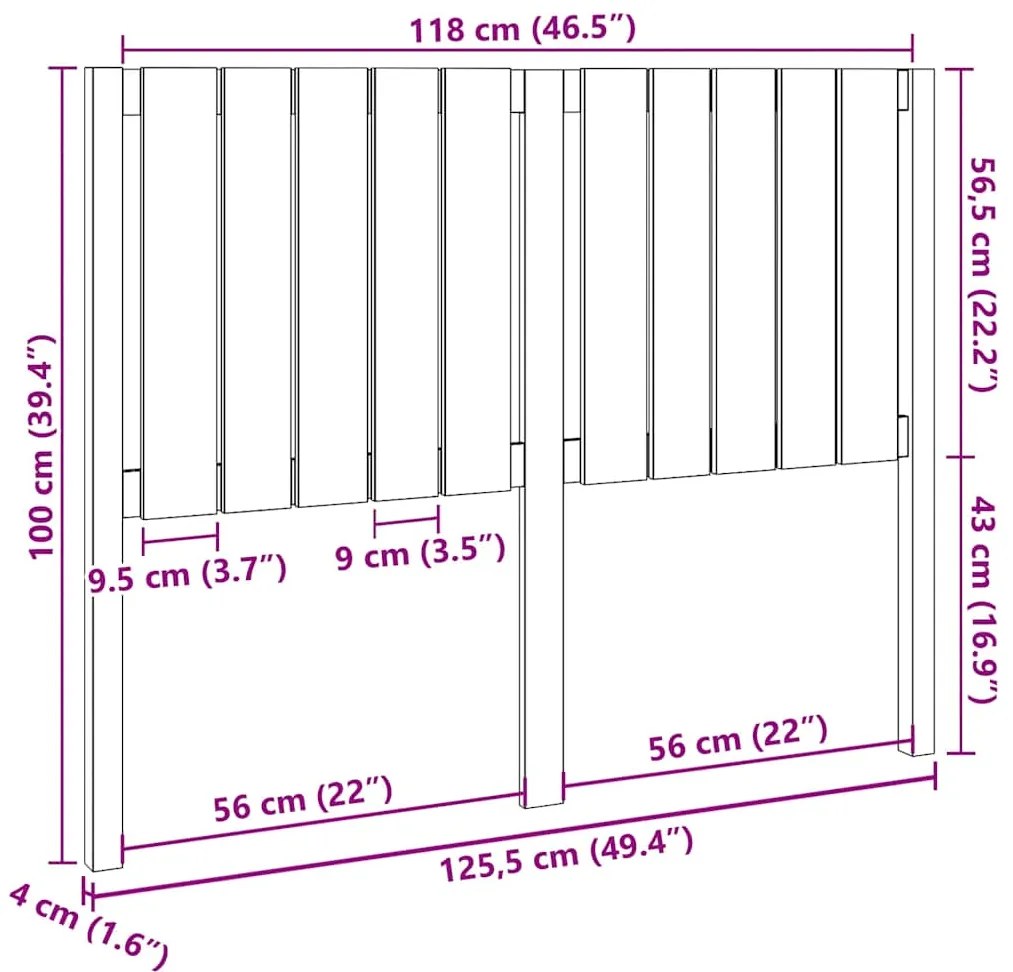 vidaXL Κεφαλάρι Κρεβατιού Μαύρο 125,5 x 4 x 100 εκ. Μασίφ Ξύλο Πεύκου