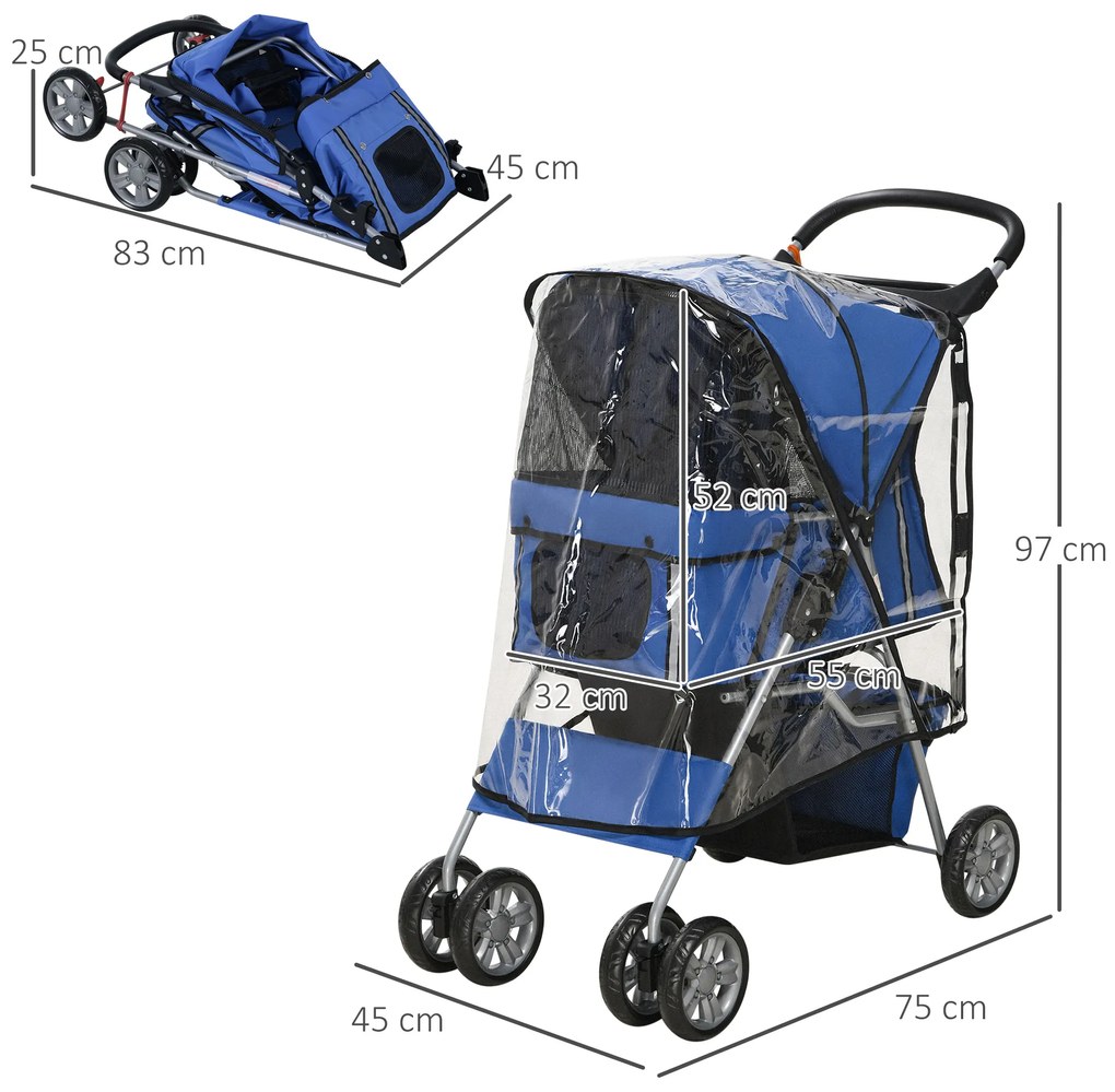 PawHut Καρότσι σκύλου, έως 10 kg, αναδιπλούμενο, κάλυμμα βροχής, καλάθι, 2 ποτηροθήκες, 75 x 45 x 97 cm, μπλε