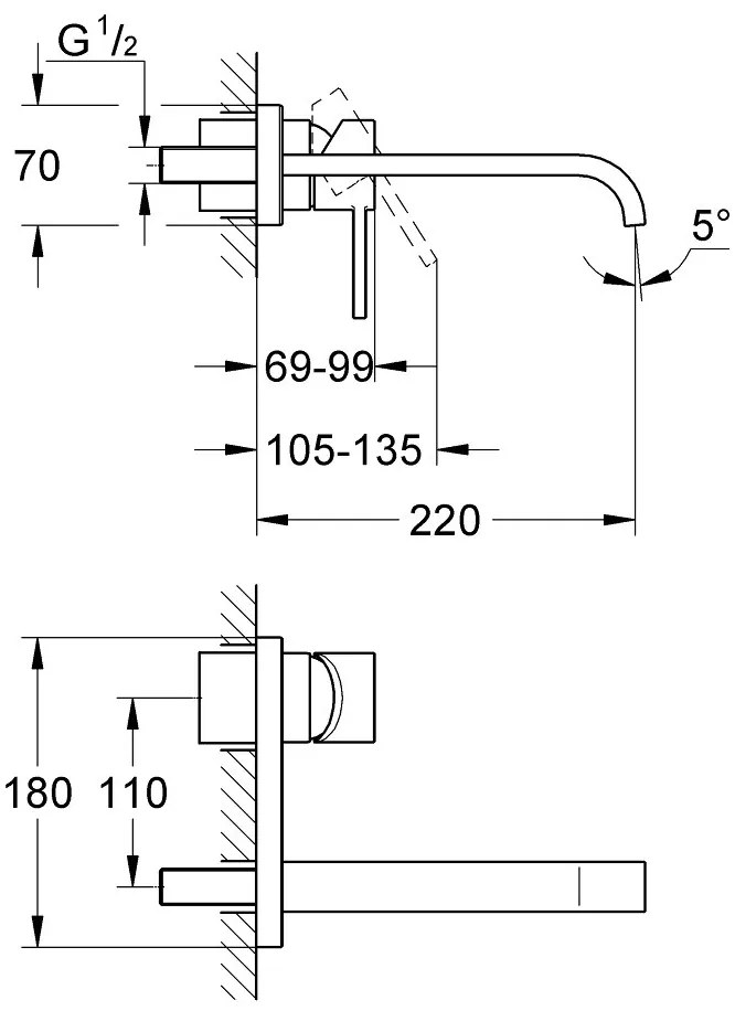 Μπαταρία νιπτήρος τοίχου Grohe Allure-Μήκος 22 εκ.