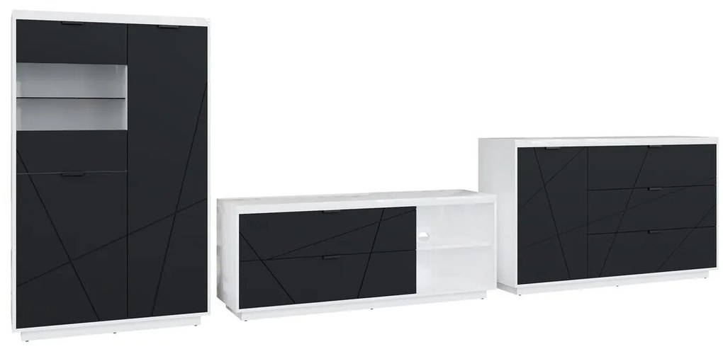 Σετ επίπλων Boston CE110, Μαύρο ματ, Γυαλιστερό λευκό, Με τραπέζι τηλεόρασης, Με πρόσθετο εξοπλισμό, Ξεχωριστά μέρη, 157x43cm | Epipla1.gr
