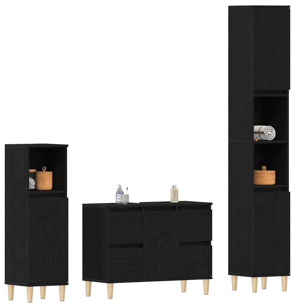 vidaXL Σετ Επίπλων Μπάνιου με συρτάρι 3 pcs Μαύρο 30 x 30 x 180 cm