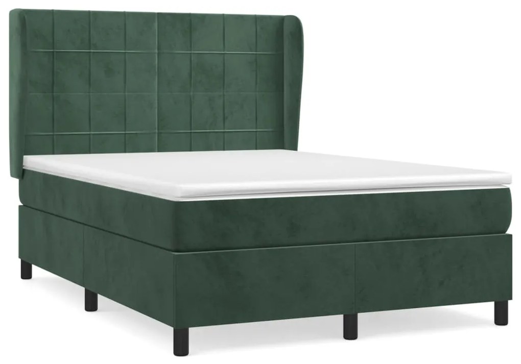 vidaXL Κρεβάτι Boxspring με Στρώμα Σκούρο Πράσινο 140x190εκ. Βελούδινο