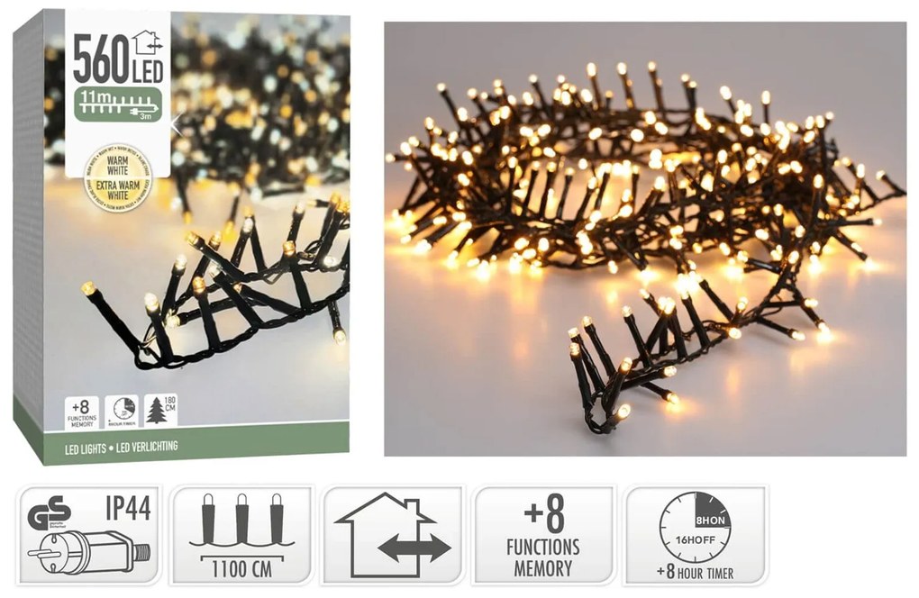 560 Φωτάκια LED - 11 Μέτρα + 3 Μέτρα σύνδεσης, Κανονική Διάταξη, με χειριστήριο, 8 προγράμματα, Πράσινο καλώδιο PVC - Extra Θερμό Λευκό
