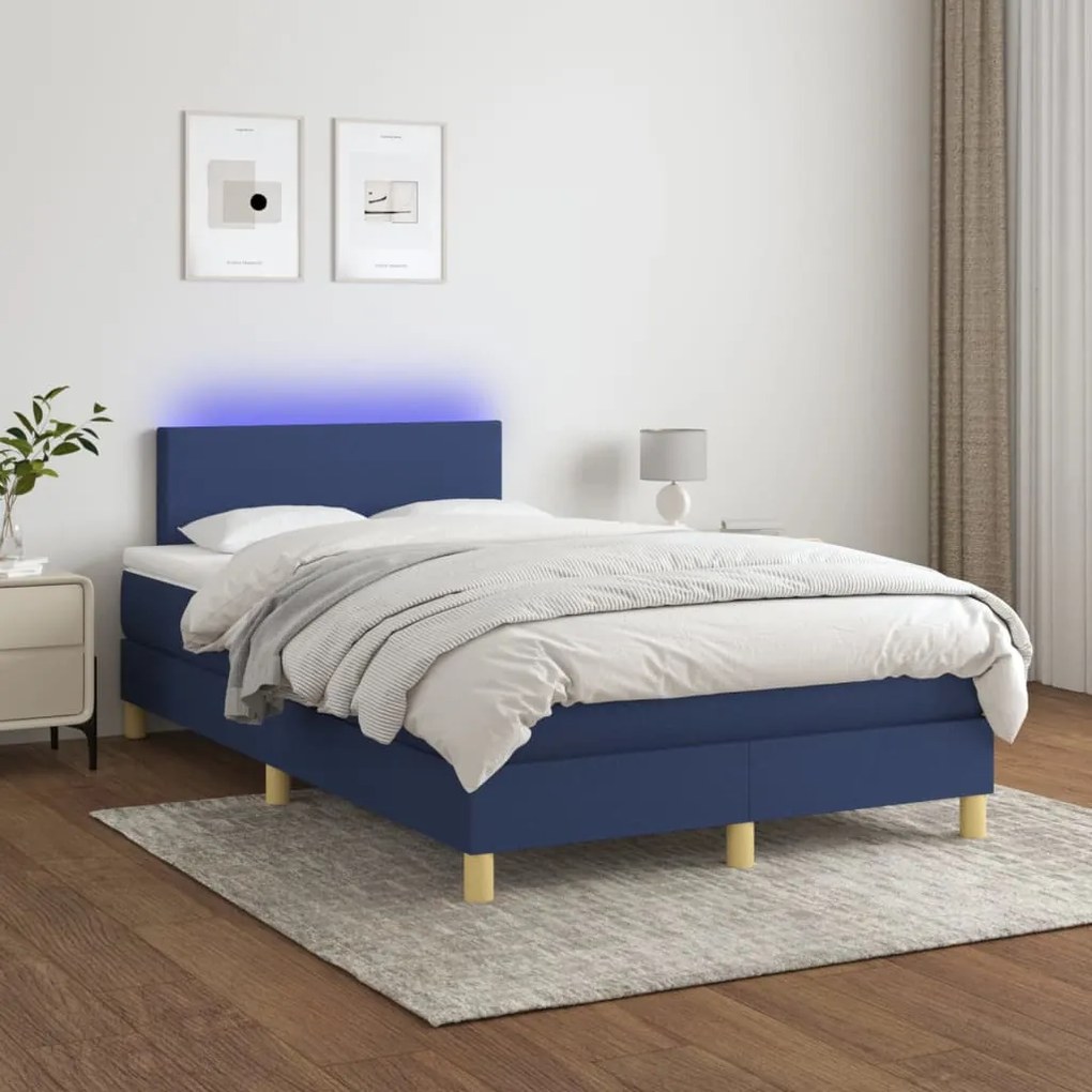 Κρεβάτι Boxspring με Στρώμα & LED Μπλε 120x200 εκ. Υφασμάτινο