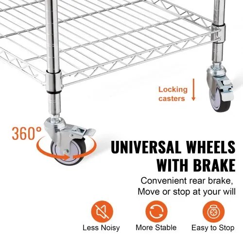 VEVOR Kitchen Utility Cart, 3 Tiers, Wire Rolling Cart with 470LBS Capacity, Steel Service Cart on Wheels, Metal Storage Trolley with 76mm Basket Curved Handle PP Liner 6 Hooks, for Indoor and Outdoor
