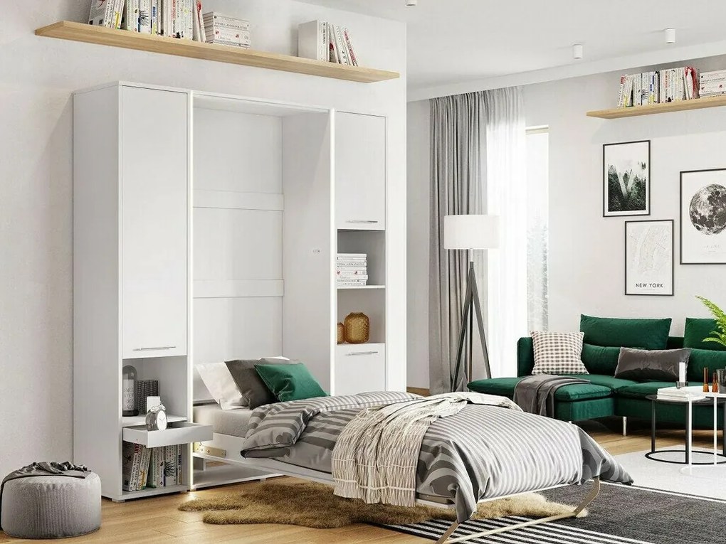 Κρεβάτι - ντουλάπα Concept Pro Lenart AH109 (Άσπρο + Γυαλιστερό λευκό), Μονόκλινο, Άσπρο, 90x200, Πλαστικοποιημένη μοριοσανίδα, Τάβλες για Κρεβάτι,