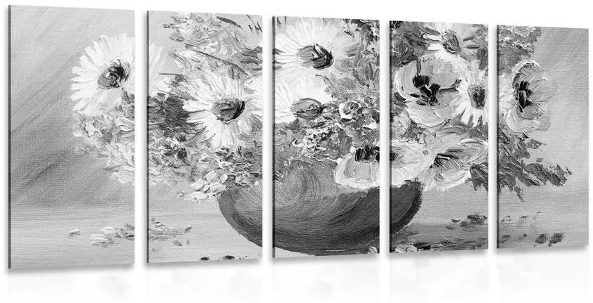 Ελαιογραφία 5 μερών με καλοκαιρινά λουλούδια σε ασπρόμαυρο