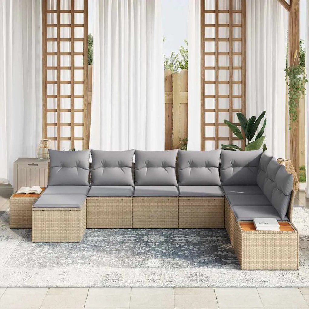 vidaXL Σετ Καναπέ Κήπου με μαξιλάρι 8 pcs Μπεζ Πολυ ράταν