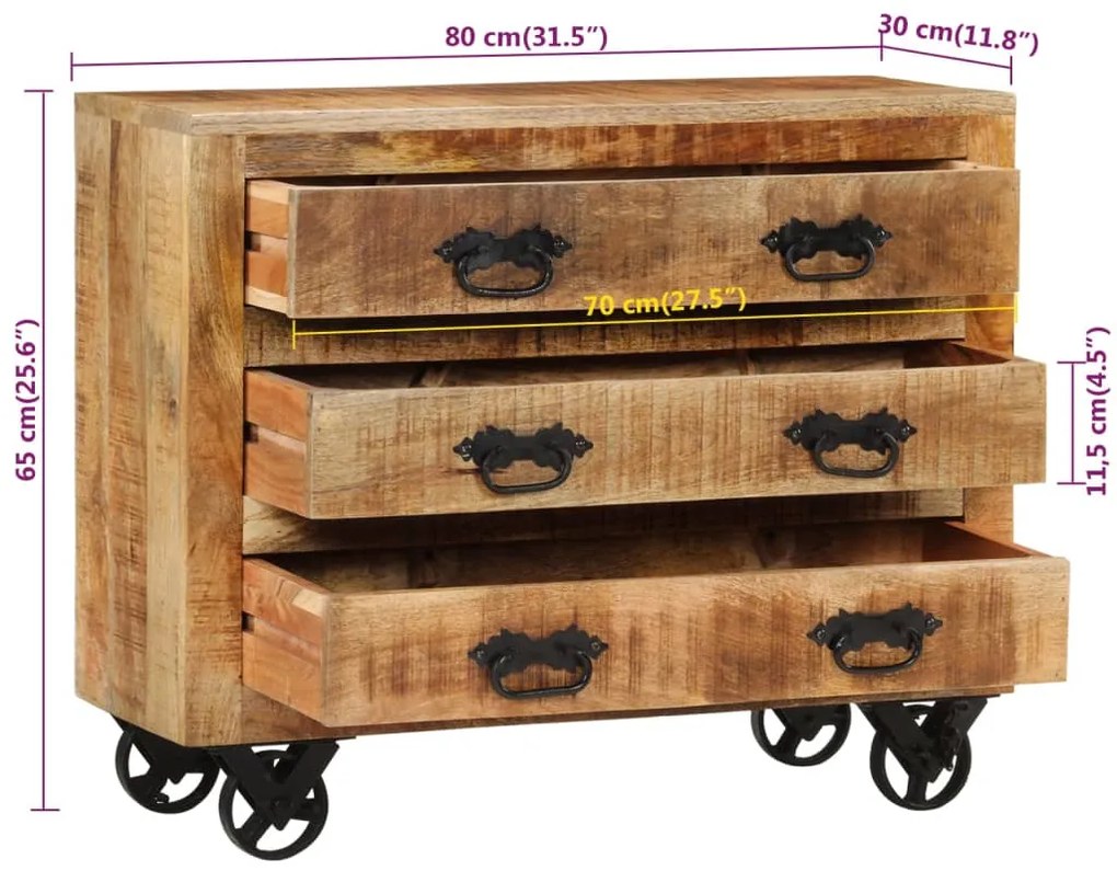 vidaXL Συρταριέρα με 3 Συρτάρια 80x30x65 εκ. από Μασίφ Ξύλο Μάνγκο