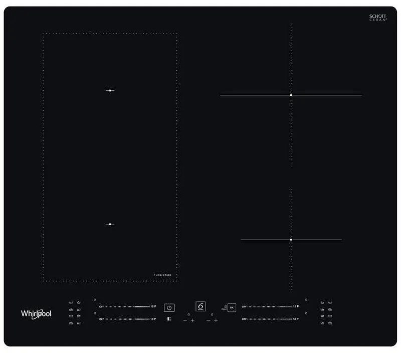 Κεραμική εντοιχισμένη εστία Whirlpool WL S7960 NE, 7200W, 4 ζώνες, 18 επίπεδα, FlexiCook, Χρονόμετρο, Επαγωγή, Μαύρο