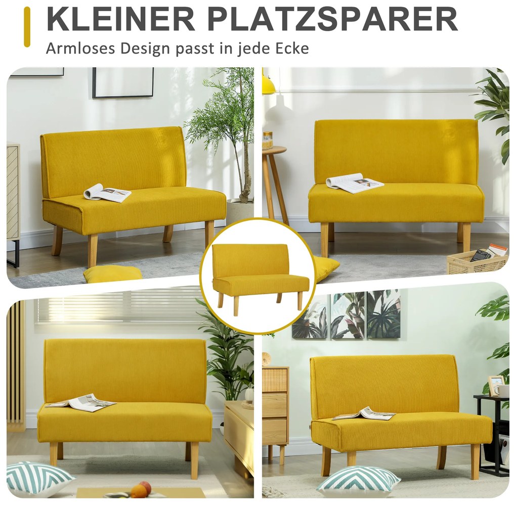HOMCOM Καναπές δύο θέσεων με κοτλέ ύφασμα, παχύ μαξιλάρι και συμπαγή ξύλινα πόδια για σαλόνι, υπνοδωμάτιο, γραφείο, Κίτρινο