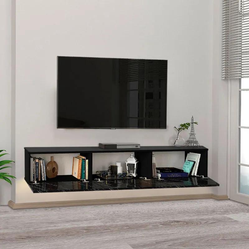 Έπιπλο τηλεόρασης επιτοίχιο Damla Megapap από μελαμίνη με LED χρώμα μαύρο εφέ μαρμάρου 180x29,5x29,5εκ. - Μελαμίνη - GP042-0169,3