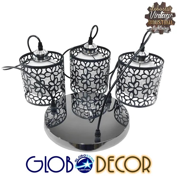 GloboStar® RAINELDA 01246 Μοντέρνο Κρεμαστό Φωτιστικό Οροφής Τρίφωτο 3 x E27 Μαύρο Μεταλλικό Πλέγμα με Λευκό Γυαλί Φ40 x Y19cm